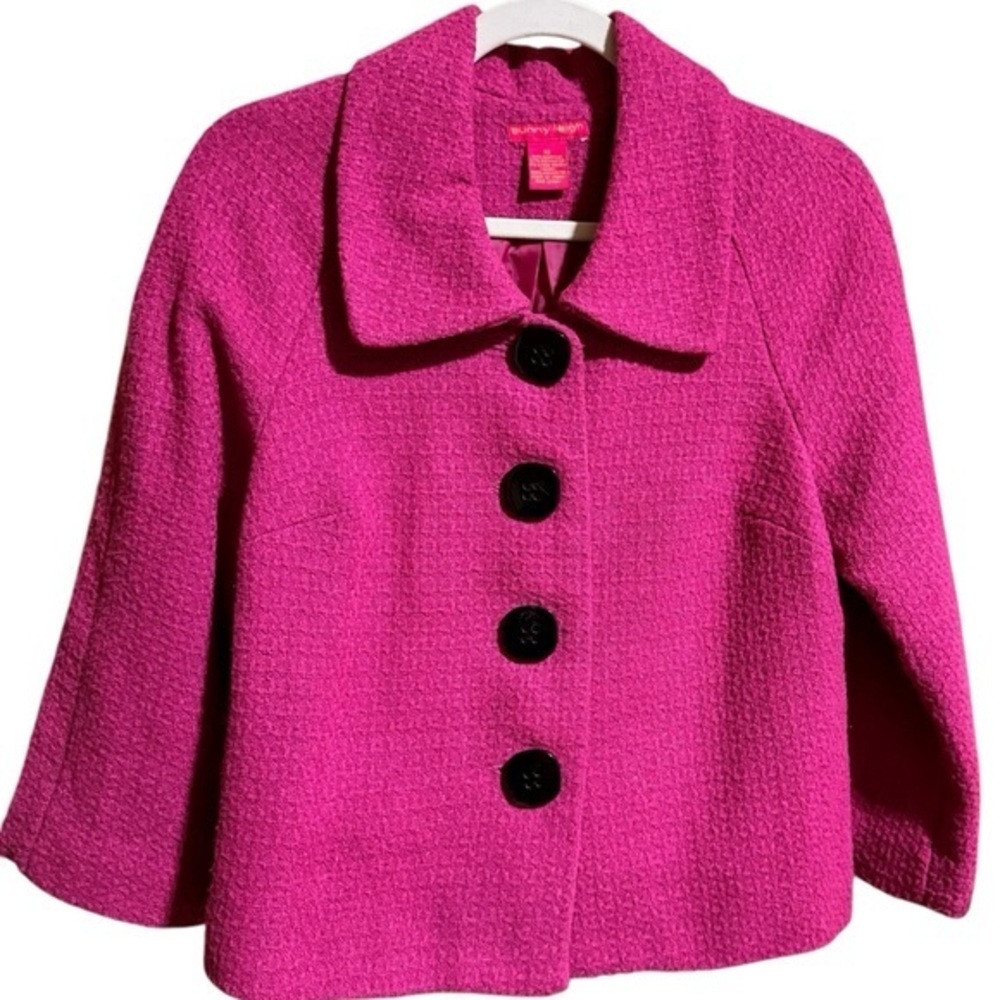 Sunny Leigh hot‎ pink button up swing coat with large black buttons. sz 10 EUC